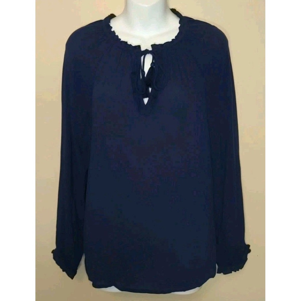 Lucky Brand Women Blue Semi Sheer Ruffled Neckline Long sleeve Top‎ Size XS